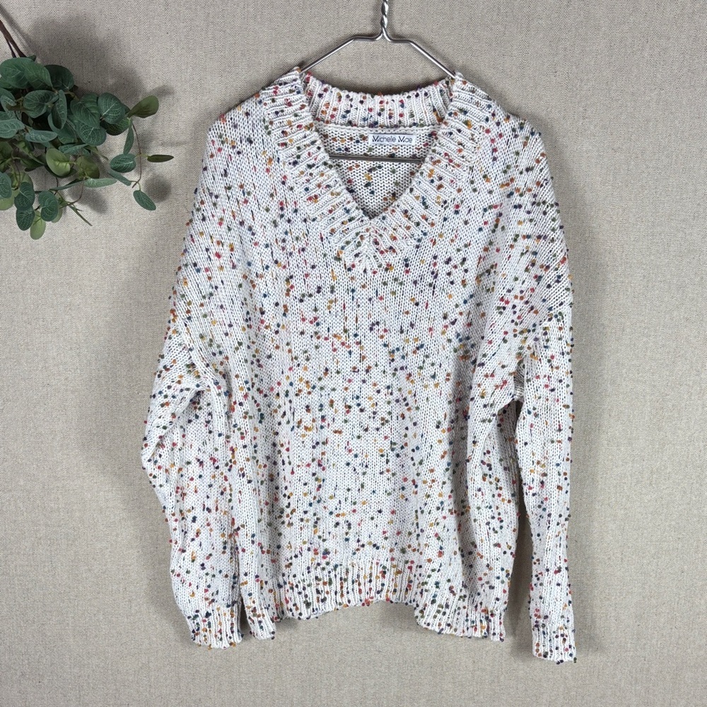 Michelle Mae > White with Multicolor Speckled V Neck Sweater XL